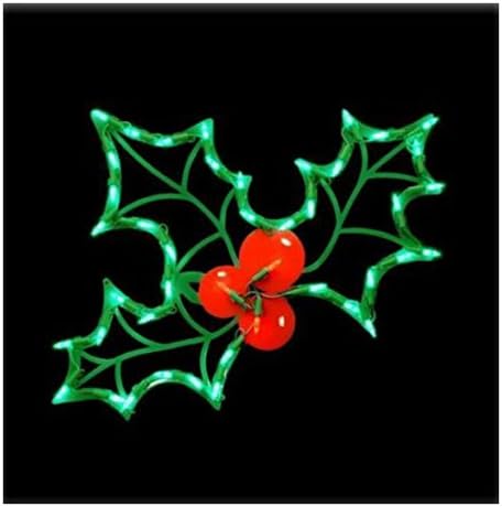 Lighted Holly Sign with Leaves -  Window / Door Hanging - Indoor / Outdoor Holiday Decoration