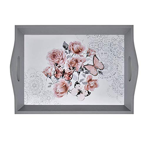 GB HOME COLLECTION gbHome GH-6744 Decorative Wooden Serving Tray with Floral Art, Breakfast Tray for Carrying Drinks Letters Mail, 15 x 11 in (38 x 28 cm) Display Piece, Modern Design
