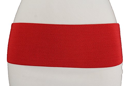 TFJ Women Fashion Wide Belt Elastic Hip High Waist Gold Metal Buckle Fits S M Red