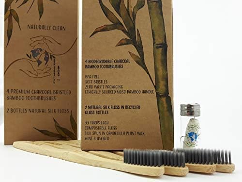 All Natural, Eco Friendly, Organic | 4 Soft, Charcoal-Infused Premium Bamboo Toothbrushes and 2 Glass Bottles of Compostable Peppermint Silk Floss | Biodegradable, Recyclable, BPA Free