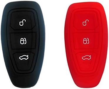 BAR Autotech Key Cover Skin fit Silicone Rubber Remote Key Keyless Entry Car Shell Case 3 Buttons for Ford Focus 3 Escape Fiesta ST Titanium Mondeo Ecosport Kuga MK3 (1 Pair) (Black+Red)