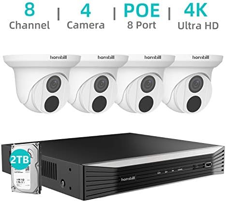 4K Security Camera System, Hornbill 8CH PoE Security Camera System, 4PCS 4K 8MP Security Cameras with 100ft Night Vision 153 Degree Viewing Indoor Outdoor Surveillance, 2TB Hard Drive No Monthly Fee