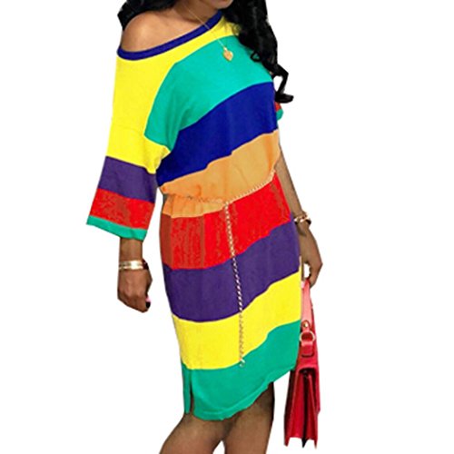 Dress-Han Shi Women Summer Striped Print Short Sleeve Crew Neck Sundress (Multicolor, XL)