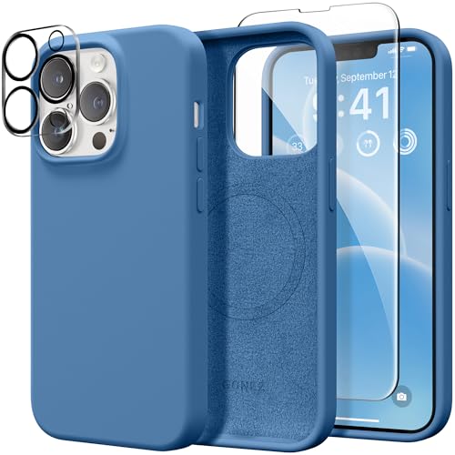 GONEZ Magnetic Silicone for iPhone 13 Pro Max Case, [Compatible with Magsafe] [2X Screen Protector + 2X Camera Lens Protector], Shockproof Protective Microfiber Lining Phone Cover 6.7", Lake Blue