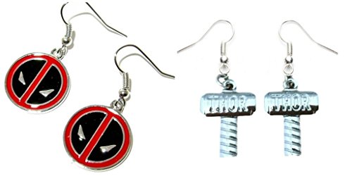 Deadpool Logo and Thor Hammer Dangle Earrings w/Gift Box
