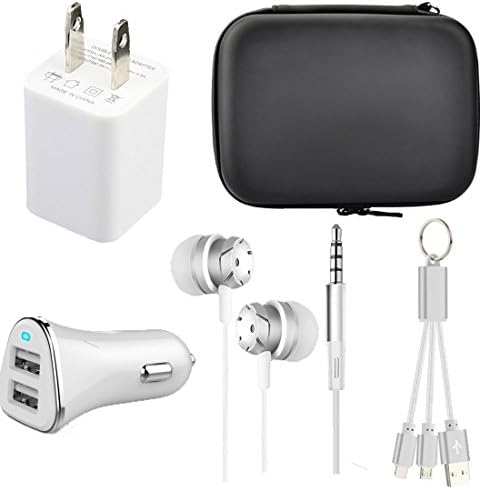 Caithly Mobile Phone Accessory 4 in 1 Charger Kit ,Pouch bag,Dual Usb Car Charger,Fast usb wall charger ,Headphone with Mic And Control ,Data Charging Cable for iPhone And Android.(White)