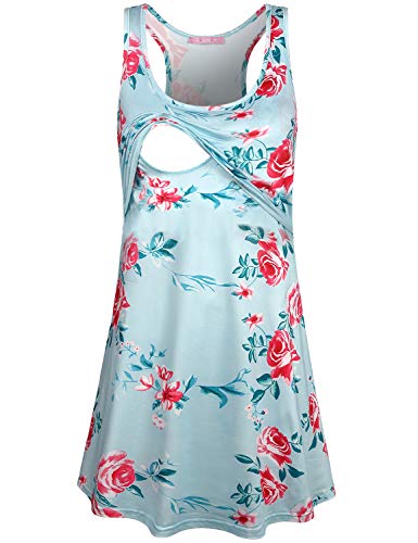 JOYMOM Tank Maternity Dress,Womens Casual Sleeveless U Neck Racerback Nursing Dresses Pregnancy Floral Thin Flare Activewear Summer Dressy Baby Shower Breastfeeding Clothes Blue M - Thumbnail 2