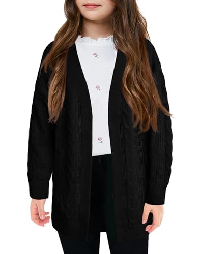 Girls Open Front Cardigan Long Sleeve Caual Fall Solid School Uniform Sweater Cardigan, 7-8Y, Black at Amazon
