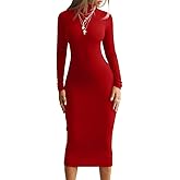BEAGIMEG Women's Bodycon Long Sleeve Mock Neckline Knit Ribbed Party Club Midi Dress
