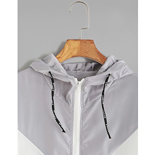 Women's Color Block Drawstring Long Sleeve Hooded Zip Up Sports Jacket Windproof Windbreaker (Grayk/White, S)