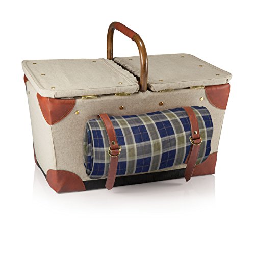 PICNIC TIME Pioneer Deluxe Picnic Basket, Romantic Vintage Wood-Framed Basket Covered in Canvas, Complete Deluxe Service for Two with Water-Resistant Bottom and Two Lids, (Beige Canvas)