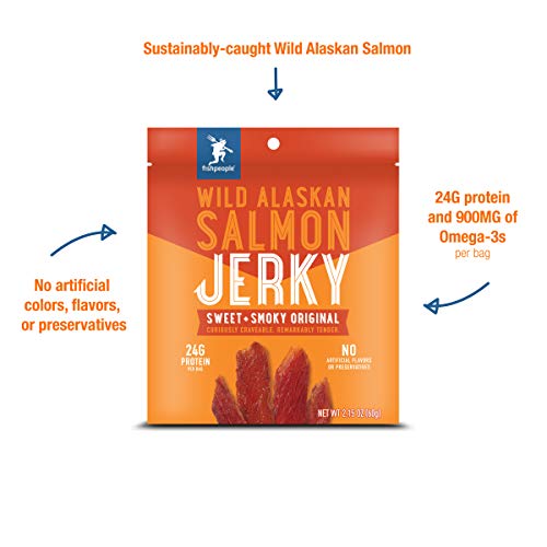 Fishpeople Wild Alaskan Salmon Jerky, Sweet + Smoky Original, 2.15 ounce (3 pack), 24g Protein and 900mg Omega-3s per bag, Low sugar, Gluten-free, Antibiotic-free, Non-GMO.