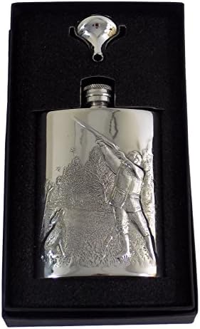 HUNTER DOG TREES LUXURY EMBOSSED FINEST QUALITY PEWTER HIP FLASK 6OZ AND FUNNEL 12 X 8.5CM MADE IN UK