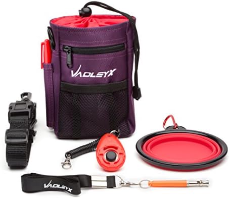Dog Training Treat Pouch - Pet Treat Bag with Adjustable Belt over Shoulder, Metal Waist Clip, Poop Bag Holder/Dispenser, FREE Training Clicker, Whistle &amp; Collapsible Bowl in Dark Grey &amp; Purple Color