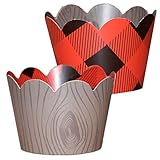 Lumberjack Party Supplies - 36 Reversible Buffalo Plaid Cupcake Wrappers | Woodgrain Cupcake Holders, Wild One Birthday Decorations, Woodland Party Supplies, Camping Party Decorations