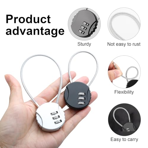 4 Pieces Steel Cable Lock with Combination, 3 Digit Combination Padlocks, Long Rope Padlock, Small Suitcase Padlocks for Aircraft (2 Sizes)