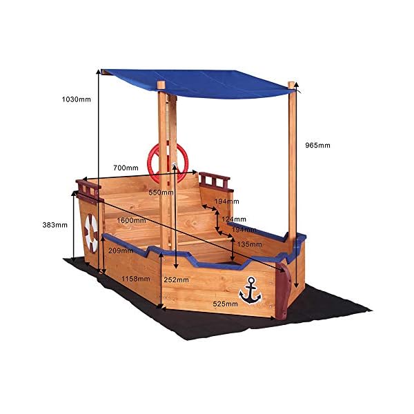HOME DELUXE - Sandkasten MATSCHEKISTE - Segelschiff inkl. Bodenplane und Dach - Maße: 160 x 78 x 103 cm - inkl. Montagematerial | Holzsandkasten Piratenboot Sandbox – Bild 6
