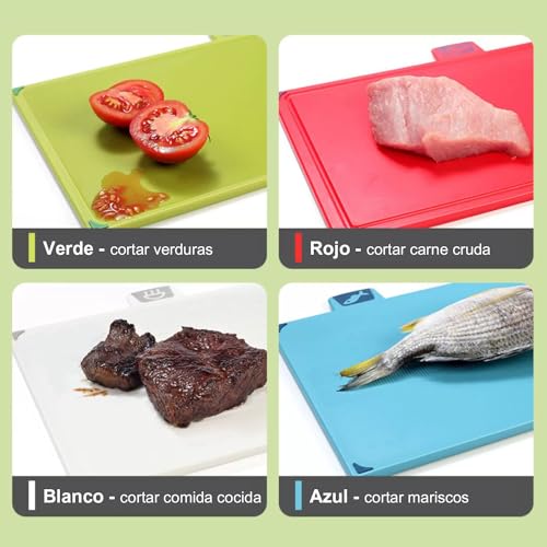 Tablas de Cortar para Cocina（juego de 4 piezas）,Tablas de Cocina picar cocina,Tabla para Cortar Plastico con Asas Antideslizantes Verduras,Carne,Pan y Fruta