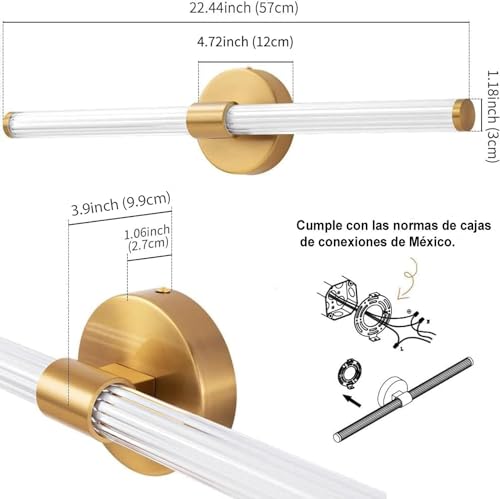 Deyidn Lámparas de tocador de baño dorado espejo LED luz ajustable 22,44 pulgadas moderna lámpara de pared escocesa de 360 ° 20w 3000k luz cálida