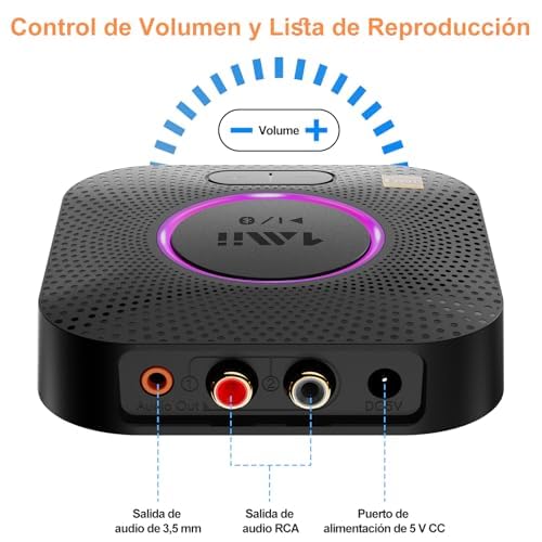 1Mii B06S+ LDAC Receptor Bluetooth 5.2 HiFi, Adaptador Audio Bluetooth con Aptx Baja Latencia & HD, Salida RCA/AUX 3,5 mm Jack, Control Volumen, 100ft Receptor de Largo Alcance para Estéreo Doméstico