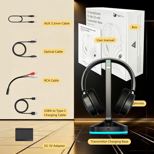 Wireless Headphones for TV Watching, TV Headphones Wireless for Seniors with Low Latency , V5.4 Over Ear Headphones with Digital Optical RCA AUX 3.5 MM Transmitter Charging Dock, for Elderly Seniors