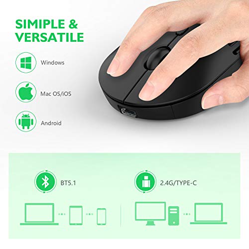 Type C Wireless Bluetooth Mouse, RAPIQUE Dual Mode Rechargeable Silent Cordless Bluetooth Mice with 2.4G Type C Receiver for Laptop,MacBook air/pro,iPad pro,Computer and All Type-C Device (Black)