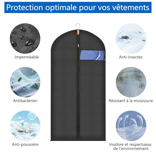 Sevenpers Lot de 6 housses de vêtements anti-mites translucides avec fermeture éclair, imperméables, anti-acariens, respirantes, 60 x 120 cm, noir