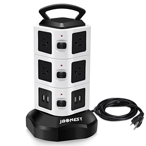 JBonest  Power Strip Surge Protector with Multiple Outlets, Tower Power Strip Charging Station 10 Outlet Plugs with 4 USB Slot + 6.5ft Cord Wire Extension  Socket for PC Laptops Mobile
