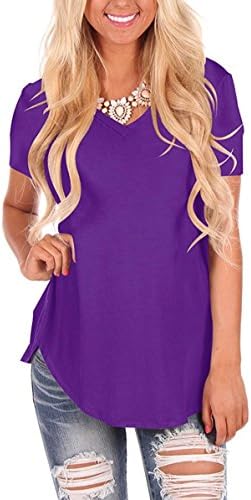 GOCHIC Womens Casual Curved Hem Short Sleeve T Shirt V Neck Side Slit Blouse Purple X-Large