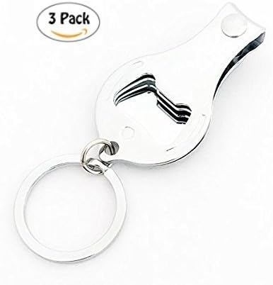 4 in 1 Key Ring, Nail Clipper and File, Beer Bottle Opener Handy Pocket Utility in Polished Chrome Metal (3 Pack)