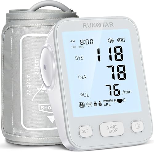 Runstar Arm Blood Pressure Monitor with Wide Range Armband (22cm-42cm) for Home Use, Automatic Digital Blood Pressure Monitor with Storage Bag and Memory 2x99 Readings, Grey
