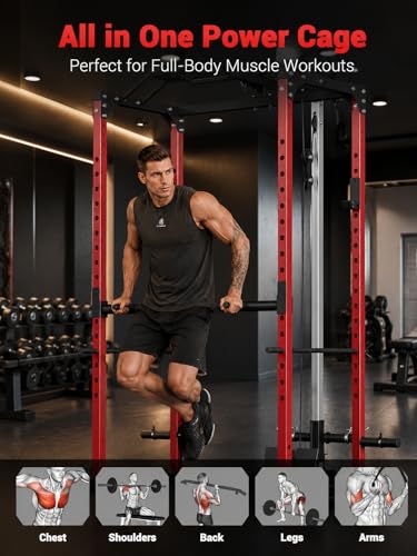 All in One Power Cage Squat Rack with LAT Pulldown & Cable Pulley System, 1200LBS Home Gym Power Rack with Dip Bars, Pull Up Bar, Weight Rack for Bench Press & Strength Training