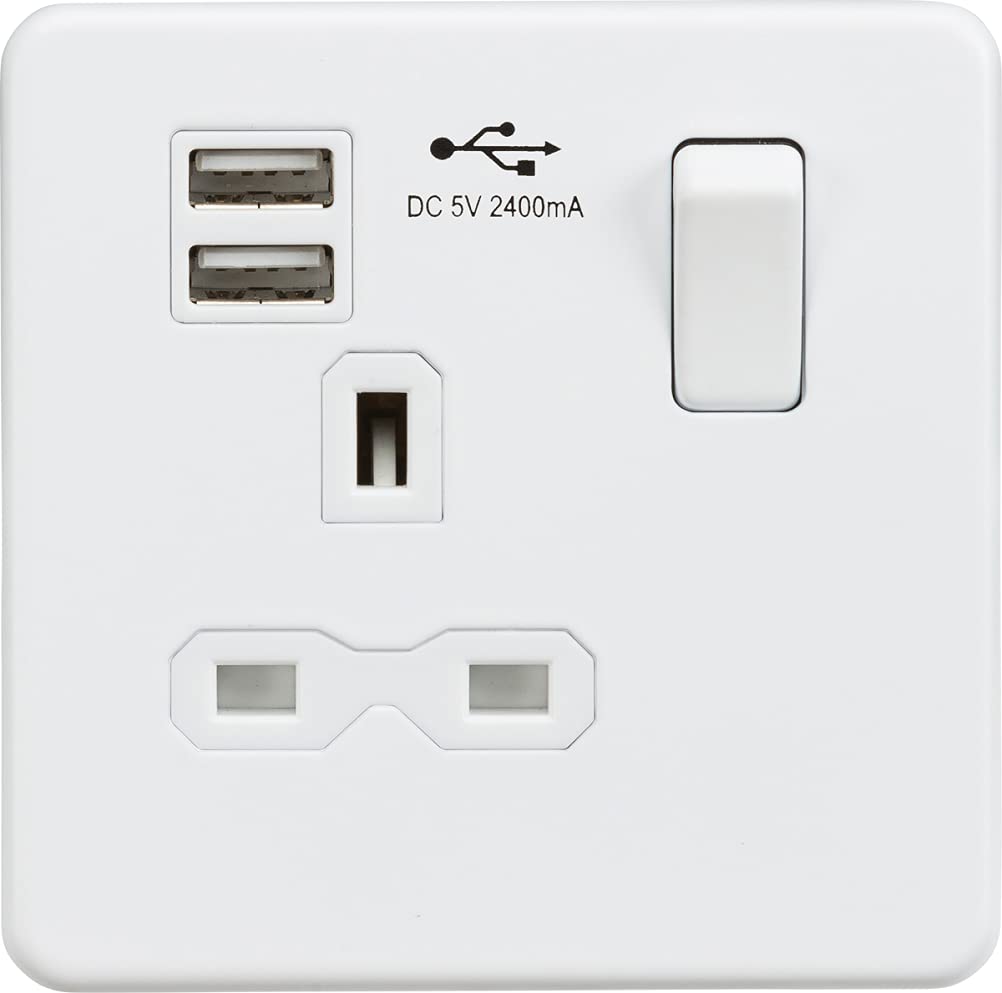 Knightsbridge Screwless Single Switched Socket with Dual USB Charger in Matt White, SFR9124MW