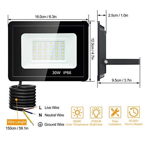 Dersoy 50W LED Flood Light Outdoor, 4500LM IP66 Waterproof LED Work Lights, Super Bright 6500K Daylight White Outdoor LED FloodLight Wall Light Garden Lights with 1.5m Cable for Patio, Backyard