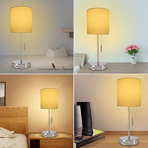 DEEPLITE USB Table Lamp Bedside Nightstand Lamp with USB Port, Modern Desk Lamp Ambient Light for Bedroom, Living Room, Office, Silver Metal Base, Cylinder Lampshade(Set of 2)