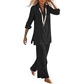 Womens Lounge Cotton Linen Two Piece Outfits Spring Summer Oversized Long Sleeve Tops and Wide Leg Pants Suits Sets