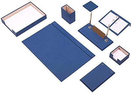 Mira 10 part desk blotter pad Desk pad set made of leather with document holder - individual custome name plate in 9 colors - blue