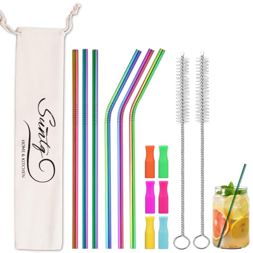 SUNTQ Pajitas de acero inoxidable para vaso Stanley, pajitas de repuesto para accesorios Stanley, pajitas de metal reutilizables con puntas de silicona y cepillo de limpieza (6 x 215, arco iris)