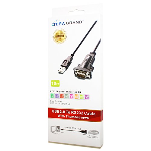 Tera Grand Premium USB 2.0 to RS232 Serial DB9 10 Ft. Adapter Cable - Supports Windows 10, 8, 7, Vista, XP, 2000, 98, Linux and Mac - Built with FTDI Chipset and Thumbscrews
