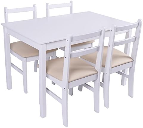 White 5 PCS Dining Set With 4 Upholstered PU Leather Cover Cushion Chairs Solid Pine Wood Construction Dinning Room Kitchen Home Decoration Furniture Breakfast Lunch Dinner Restaurant Coffee Shop