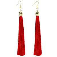 Mimgo 1 Pair Vintage Long Tassel Dangle Earrings Thread Fringe Drop Earring For Women (Red)