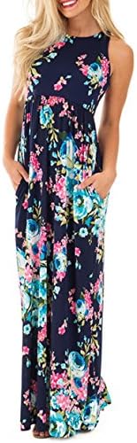 YAMISR Women's Floral Print Racerback Sleeveless Pocket Tunic Boho Long Maxi Casual Dresses for Women(S, Blue)