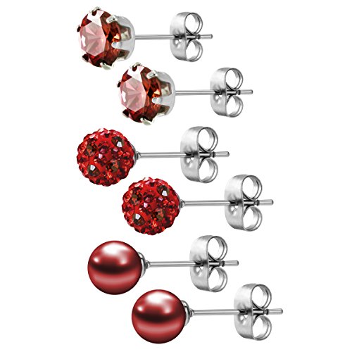 JewelrieShop 3 Pairs Stud Earrings Set for women girls Cubic Zirconia Rhinestones Faux Pearl, Birthstone, Hypoallergenic, Stainless Steel Earrings Pin - Deep Red (Jan.)