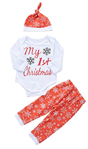 Younger Tree 3Pcs Newborn Baby Girls Cotton Long Sleeve Outfit My 1st Christmas Bodysuit +Long Pant +Hat (0-6 Months)