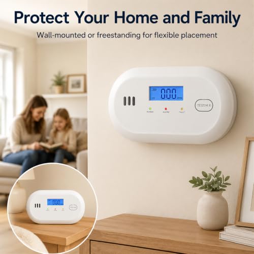 Hapippofa Carbon Monoxide Alarm with Digital Display, Battery Powered CO Detector with Replaceable AA Batteries, 10-Year Sensor Life, 85 dB Alert, EN 50291, for Home & Travel, 1 Pack