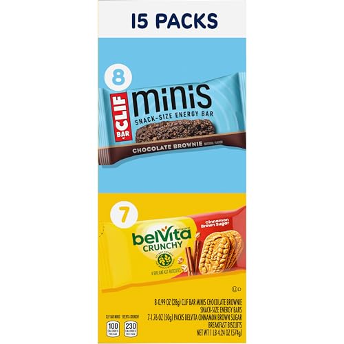 CLIF BAR MINIS ENERGY BARS & BELVITA CRUNCHY BREAKFAST BISCUITS, SNACK VARIETY PACK, 15 SNACK PACKS