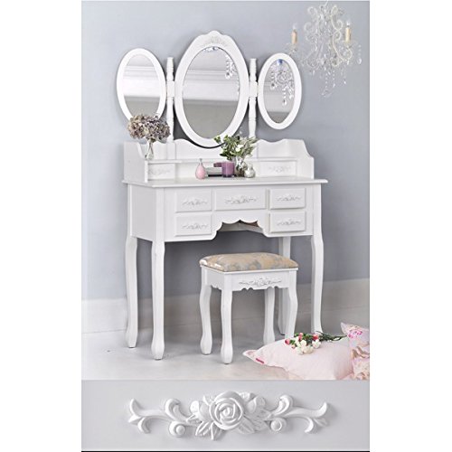 White 3-Piece Wood Make-Up 3 Mirror Vanity Dresser Table and Stool Set with 7 Drawers