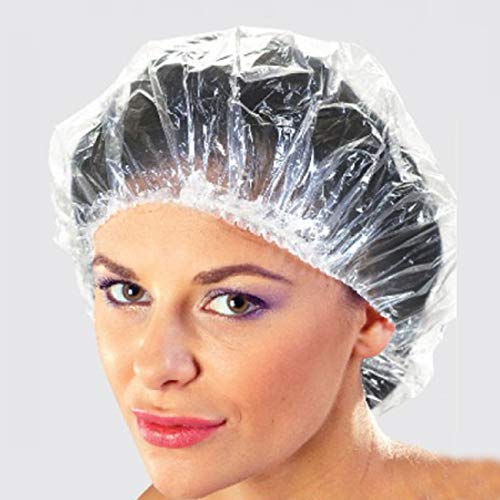 100 Disposable Clear Mop Mob Caps Clipped Hair Head Cover Shower Cap Plastic for Beauty Salon,Food Service,Hospitals,Laboratories,Manufacturing or Spray Tanning