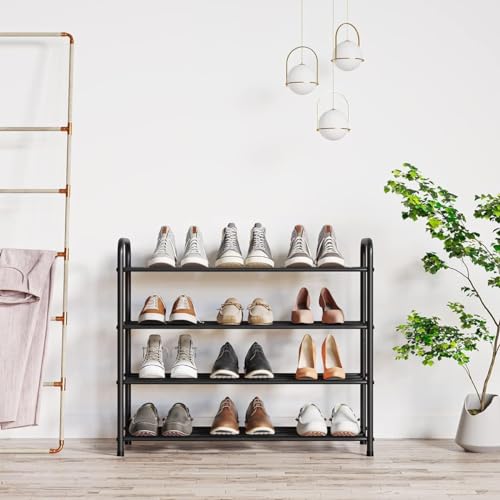FANHAO Enhanced 4 Tier Stainless Steel Shoe Rack, Shoe Rack Organizer for 12-16 Pairs of Shoes, for Living Room, Wardrobe, Hallway, 68 x 26 x 65 cm (Matt Black)