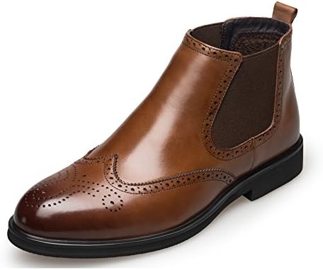 KANGNAI Men's Chelsea Boots Genuine Leather Dress Boots Winter Slip On Comfortable Warm Brogue Shoes (8.5, Brown)